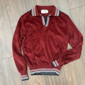 Men's Red Long-Sleeve Knit Polo Sweater with Striped Trim